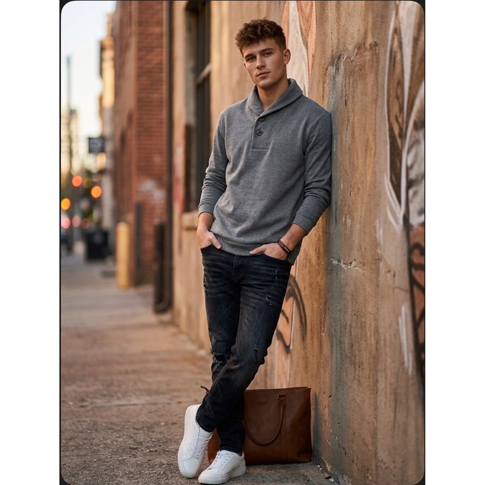 Coofandy Mens Shawl Collar Pullover Sweatshirt Gray Button Neck Size L